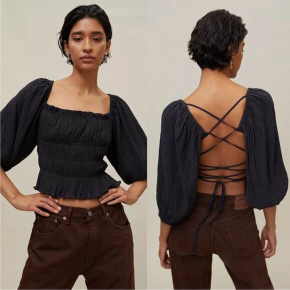 Urban Outfitters Vida Lace Up Smocked Top Ruffle Balloon Sleeve Backless Blouse - Picture 1 of 11